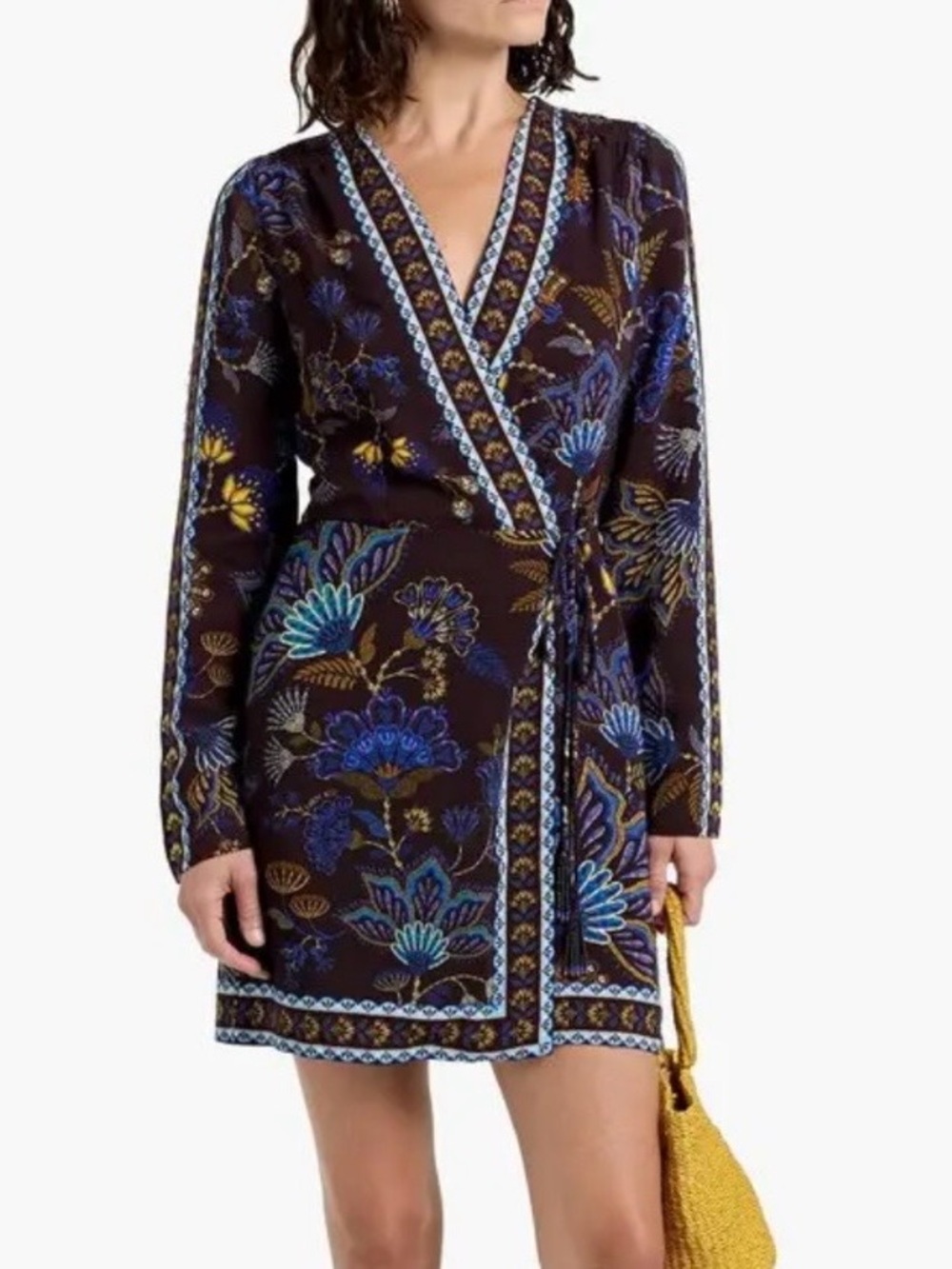 FARM Rio Brown Garden Wrap Floral Wrap Mini Dress Tunic Size Small.